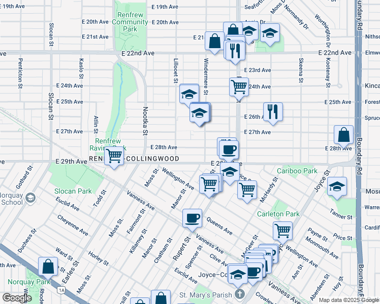 map of restaurants, bars, coffee shops, grocery stores, and more near 3140 East 28th Avenue in Vancouver