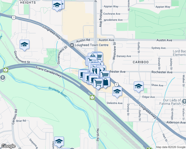 map of restaurants, bars, coffee shops, grocery stores, and more near 4327 North Road in Burnaby