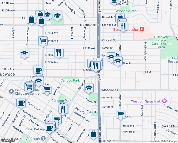 map of restaurants, bars, coffee shops, grocery stores, and more near 3632 East 28th Avenue in Vancouver