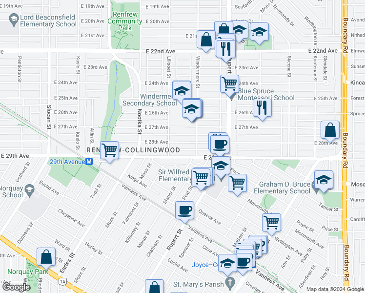 map of restaurants, bars, coffee shops, grocery stores, and more near 3140 East 28th Avenue in Vancouver
