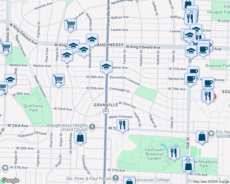 map of restaurants, bars, coffee shops, grocery stores, and more near 1462 Connaught Drive in Vancouver