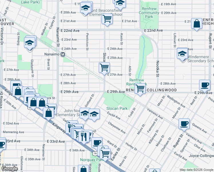 map of restaurants, bars, coffee shops, grocery stores, and more near 4428 Slocan Street in Vancouver