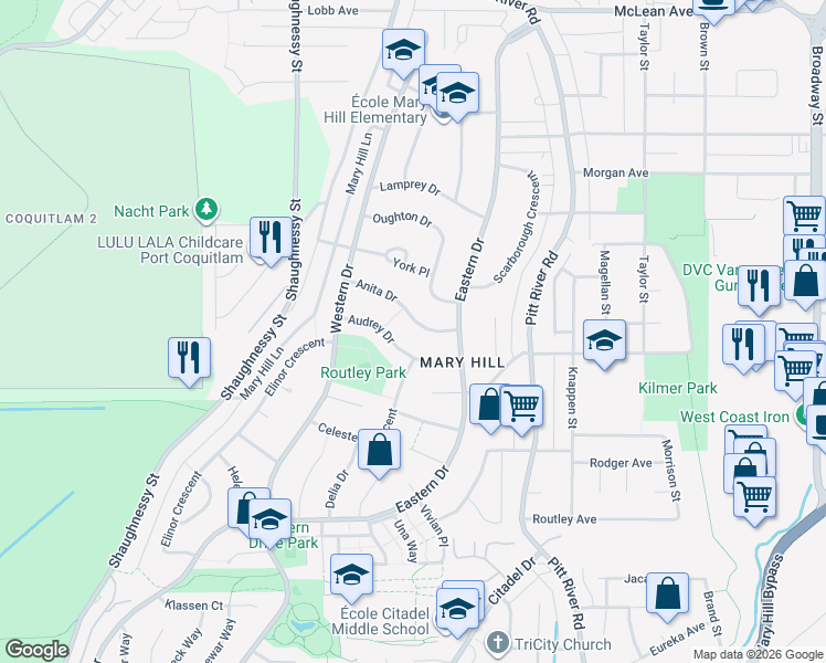 map of restaurants, bars, coffee shops, grocery stores, and more near 2122 Anita Drive in Port Coquitlam