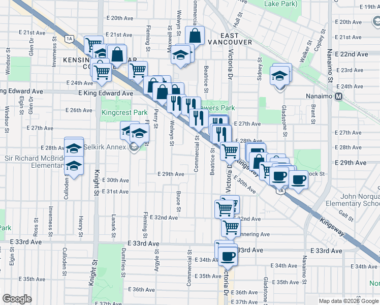 map of restaurants, bars, coffee shops, grocery stores, and more near 1773 East 28th Avenue in Vancouver