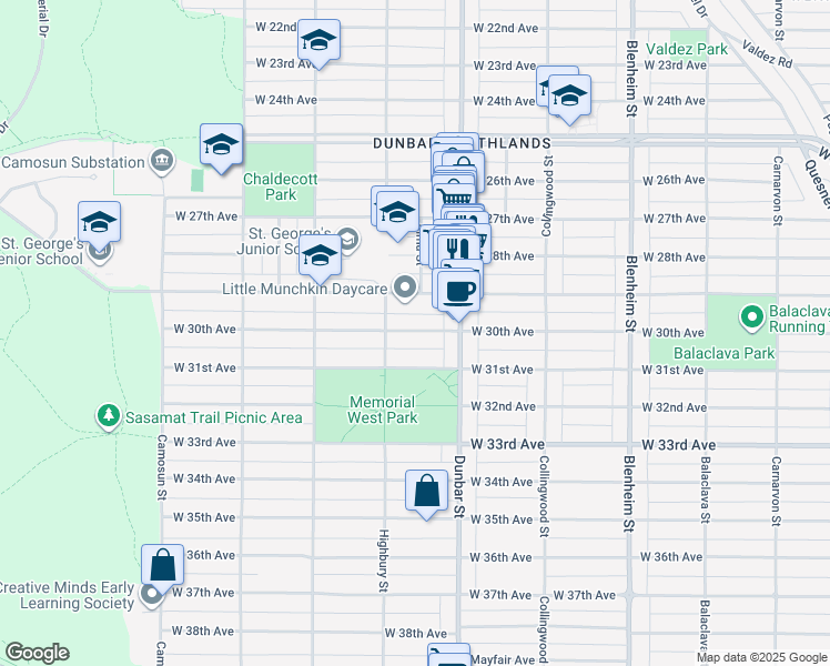 map of restaurants, bars, coffee shops, grocery stores, and more near 3716 West 30th Avenue in Vancouver