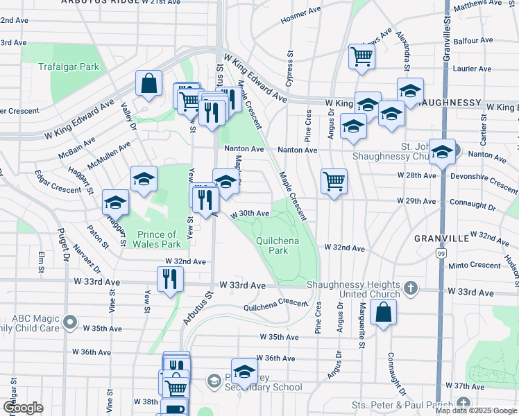 map of restaurants, bars, coffee shops, grocery stores, and more near 2031 West 30th Avenue in Vancouver