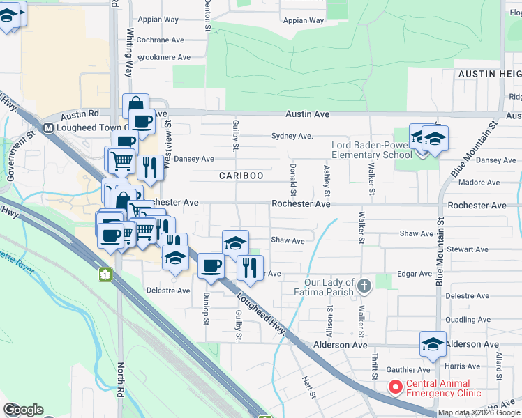 map of restaurants, bars, coffee shops, grocery stores, and more near 630 Rochester Avenue in Coquitlam