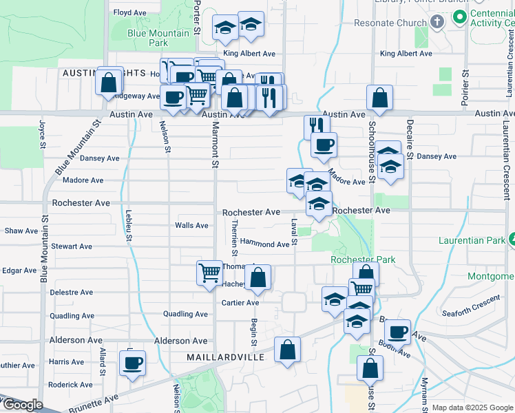 map of restaurants, bars, coffee shops, grocery stores, and more near 1139 Rochester Avenue in Coquitlam
