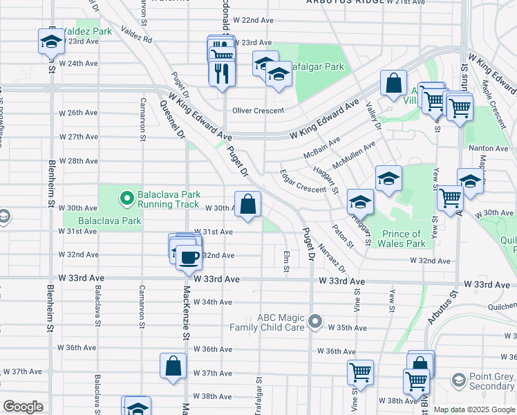 map of restaurants, bars, coffee shops, grocery stores, and more near 2705 West 30th Avenue in Vancouver