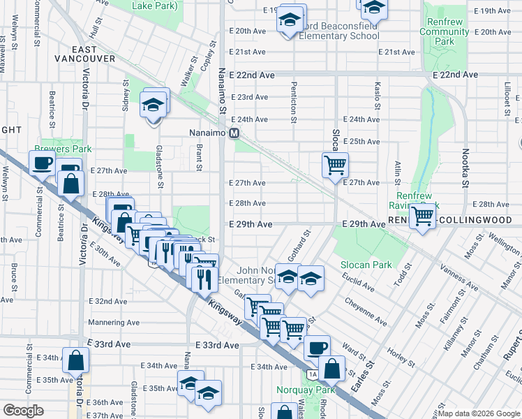 map of restaurants, bars, coffee shops, grocery stores, and more near 4325 Kamloops Street in Vancouver