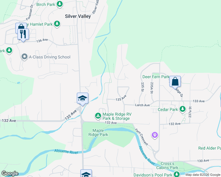 map of restaurants, bars, coffee shops, grocery stores, and more near 13352 233 Street in Maple Ridge