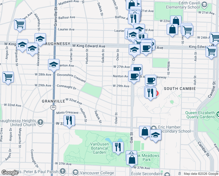 map of restaurants, bars, coffee shops, grocery stores, and more near 1150 West 29th Avenue in Vancouver