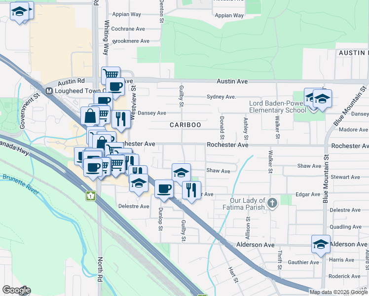 map of restaurants, bars, coffee shops, grocery stores, and more near 390 Guilby Street in Coquitlam