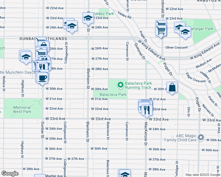 map of restaurants, bars, coffee shops, grocery stores, and more near 4594 Balaclava Street in Vancouver