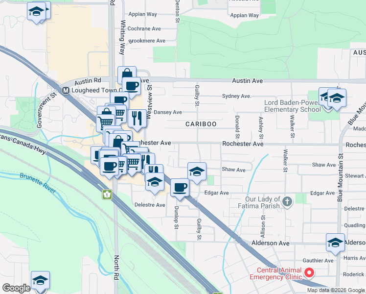 map of restaurants, bars, coffee shops, grocery stores, and more near 600 Rochester Avenue in Coquitlam