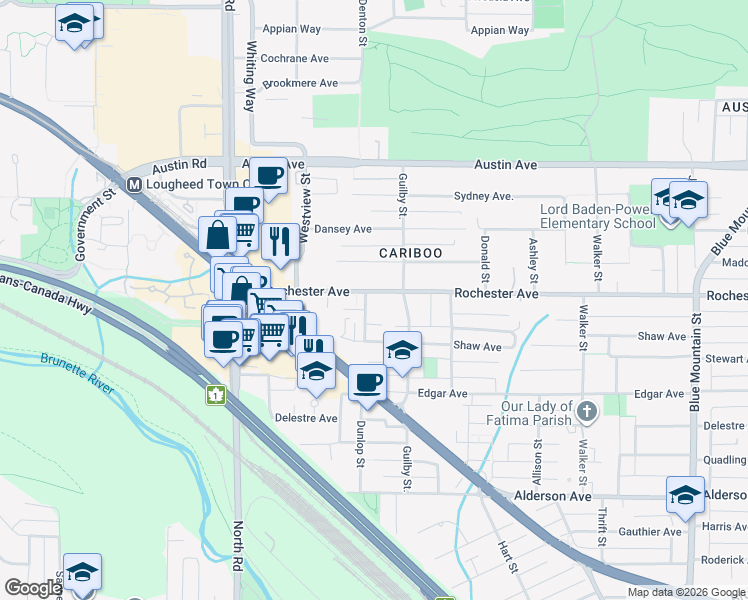 map of restaurants, bars, coffee shops, grocery stores, and more near 606 Rochester Avenue in Coquitlam