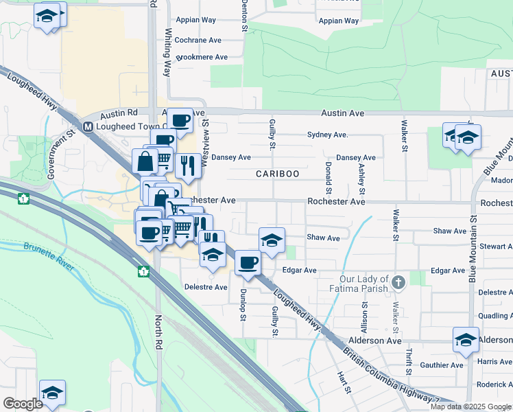 map of restaurants, bars, coffee shops, grocery stores, and more near 604 Rochester Avenue in Coquitlam