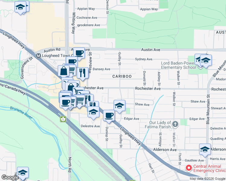 map of restaurants, bars, coffee shops, grocery stores, and more near 606 Rochester Avenue in Coquitlam