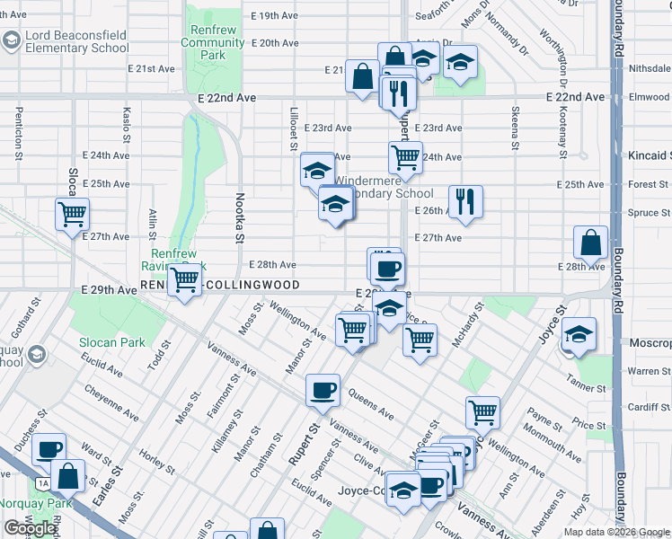 map of restaurants, bars, coffee shops, grocery stores, and more near 3186 East 28th Avenue in Vancouver