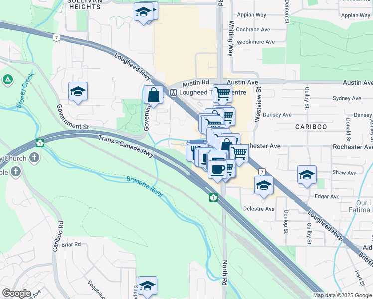 map of restaurants, bars, coffee shops, grocery stores, and more near 9828 Belfriar Drive in Burnaby
