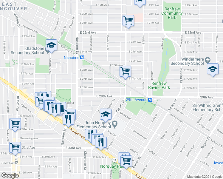 map of restaurants, bars, coffee shops, grocery stores, and more near 2614 East 28th Avenue in Vancouver