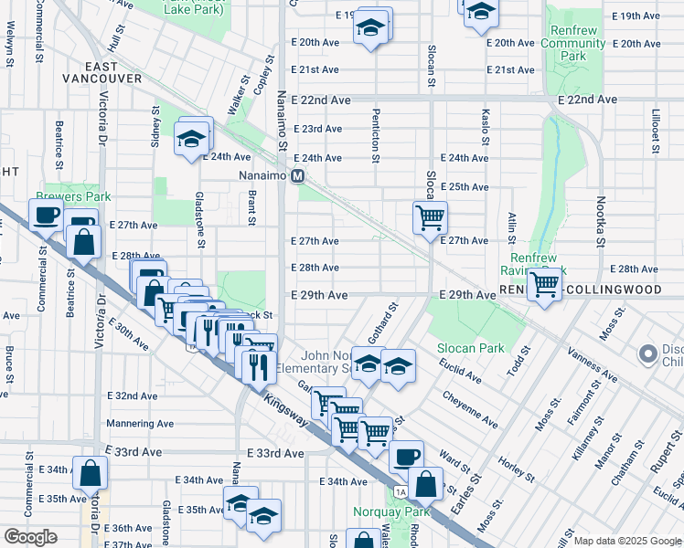 map of restaurants, bars, coffee shops, grocery stores, and more near 2520 East 28th Avenue in Vancouver