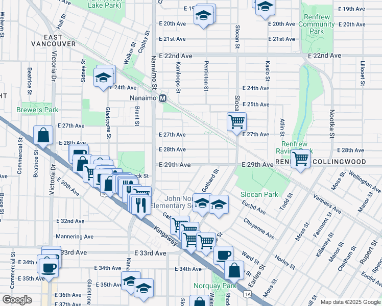 map of restaurants, bars, coffee shops, grocery stores, and more near 2538 East 28th Avenue in Vancouver