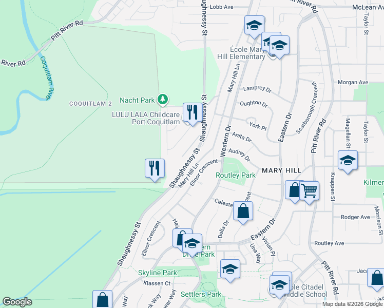 map of restaurants, bars, coffee shops, grocery stores, and more near 1615 Shaughnessy Street in Port Coquitlam