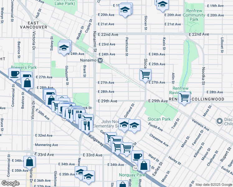 map of restaurants, bars, coffee shops, grocery stores, and more near 2526 East 28th Avenue in Vancouver