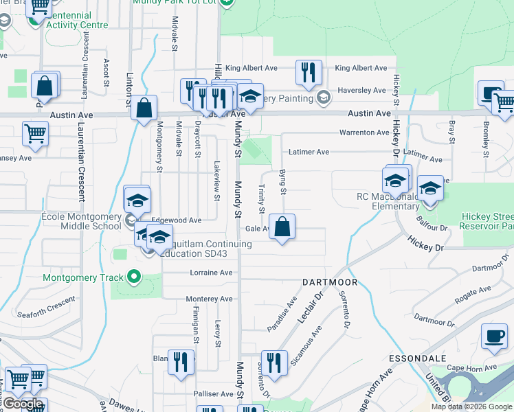 map of restaurants, bars, coffee shops, grocery stores, and more near 416 Trinity Street in Coquitlam