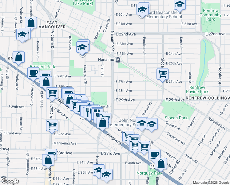 map of restaurants, bars, coffee shops, grocery stores, and more near 4410 Nanaimo Street in Vancouver
