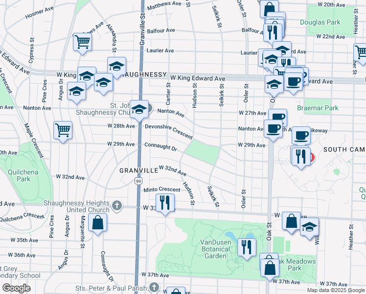 map of restaurants, bars, coffee shops, grocery stores, and more near 4583 Hudson Street in Vancouver