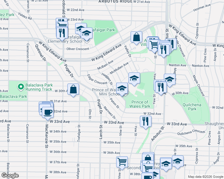 map of restaurants, bars, coffee shops, grocery stores, and more near 4589 Haggart Street in Vancouver