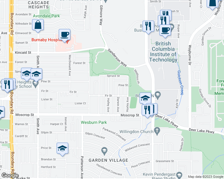 map of restaurants, bars, coffee shops, grocery stores, and more near 4334 Halley Avenue in Burnaby