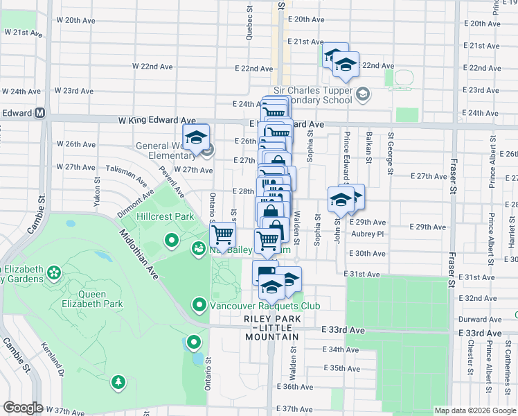 map of restaurants, bars, coffee shops, grocery stores, and more near 4446 Quebec Street in Vancouver
