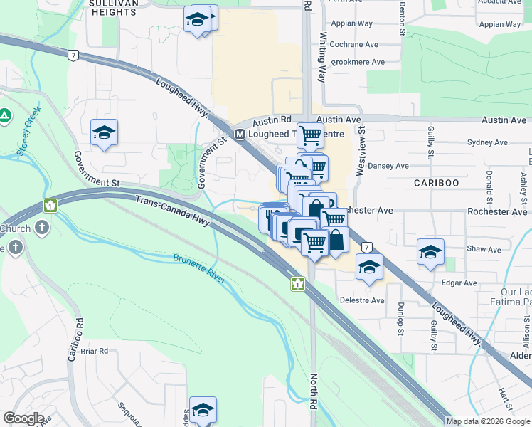 map of restaurants, bars, coffee shops, grocery stores, and more near Millbrook Lane in Burnaby