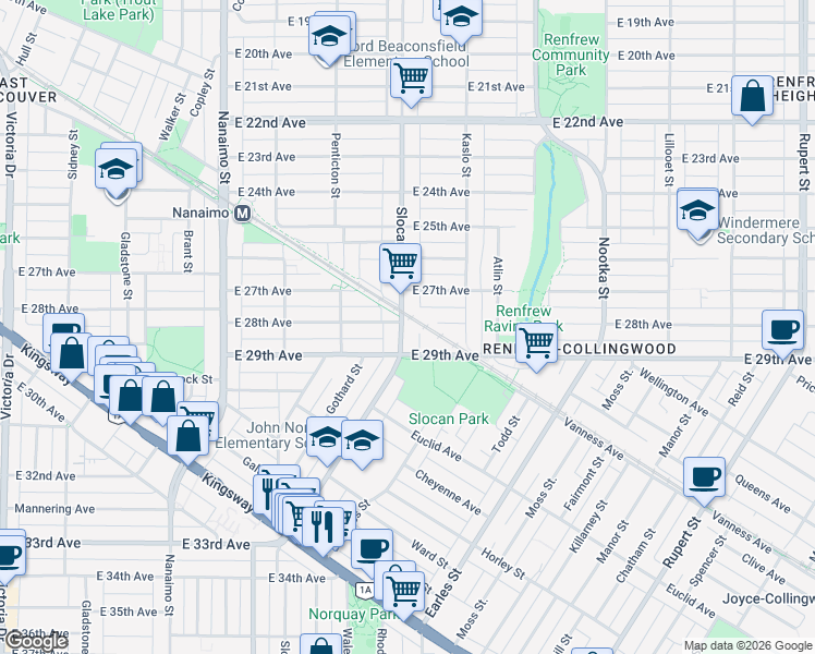 map of restaurants, bars, coffee shops, grocery stores, and more near 4410 Slocan Street in Vancouver