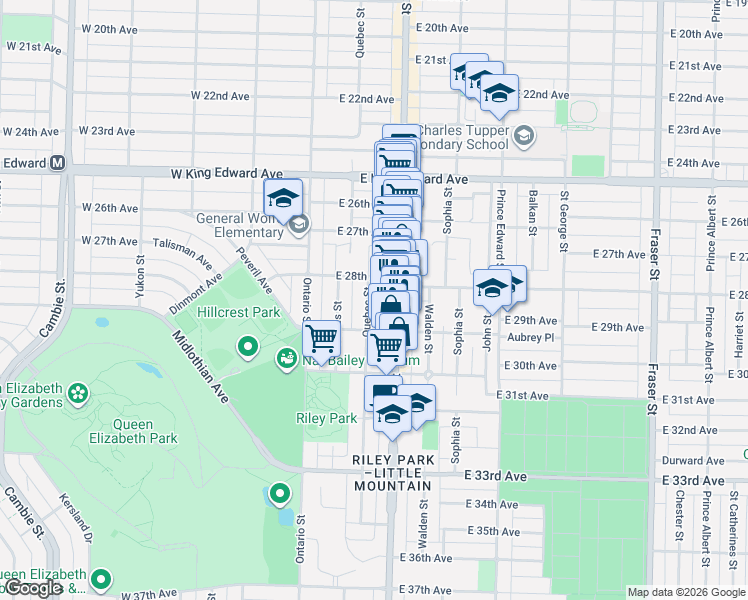 map of restaurants, bars, coffee shops, grocery stores, and more near 4446 Quebec Street in Vancouver