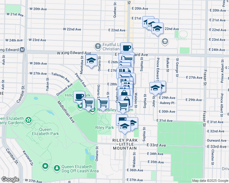 map of restaurants, bars, coffee shops, grocery stores, and more near 4447 Quebec Street in Vancouver