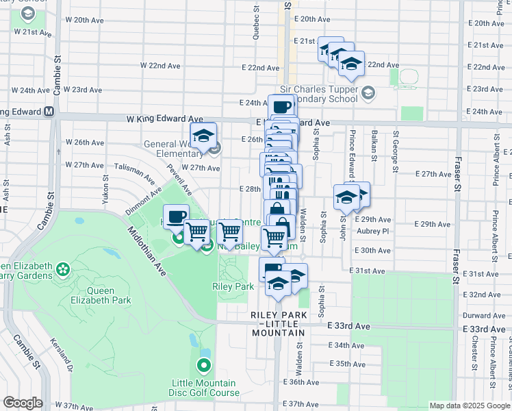 map of restaurants, bars, coffee shops, grocery stores, and more near 4447 Quebec Street in Vancouver