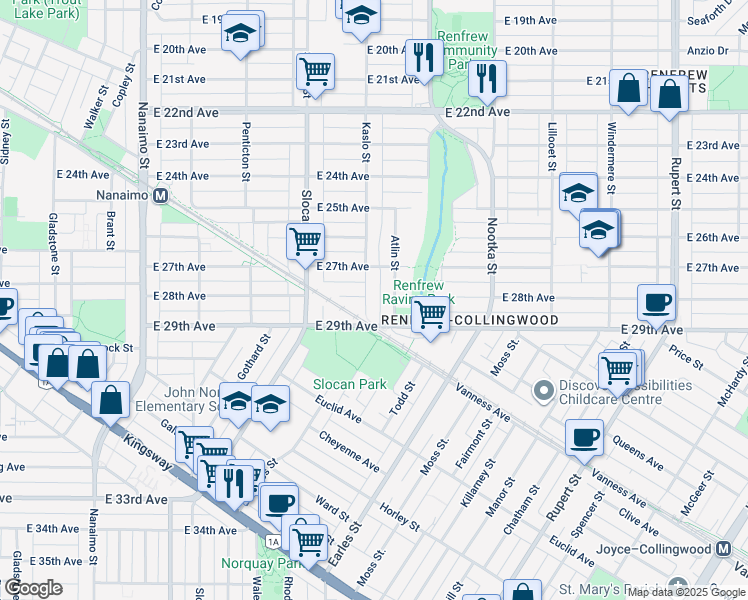 map of restaurants, bars, coffee shops, grocery stores, and more near 4390 Kaslo Street in Vancouver
