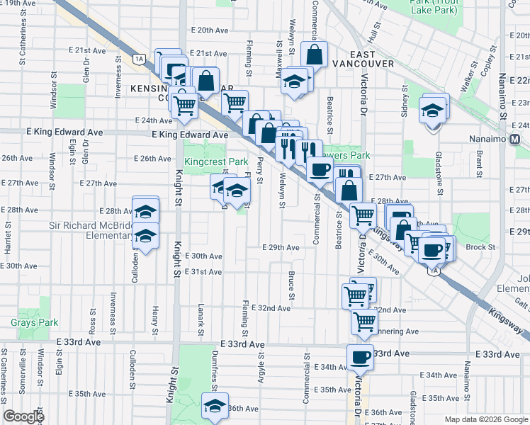 map of restaurants, bars, coffee shops, grocery stores, and more near 4420 Perry Street in Vancouver