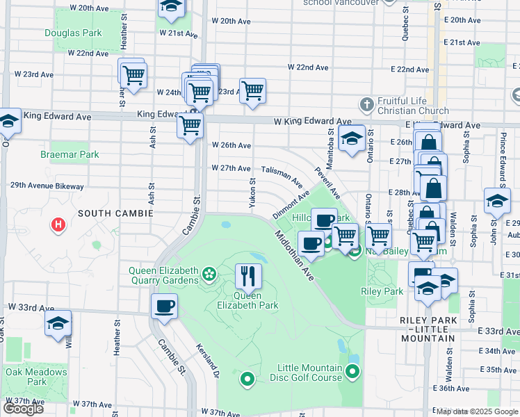 map of restaurants, bars, coffee shops, grocery stores, and more near 349 Midlothian Avenue in Vancouver
