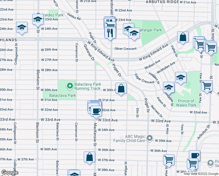 map of restaurants, bars, coffee shops, grocery stores, and more near 2805 West 30th Avenue in Vancouver