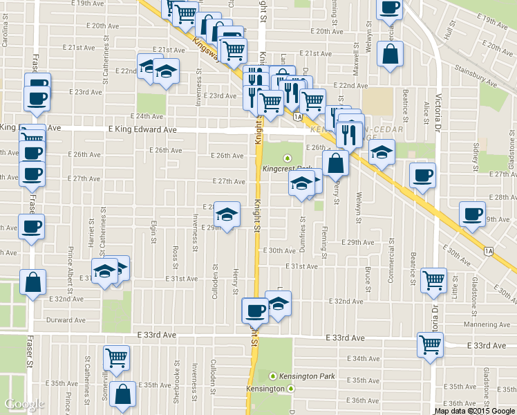 map of restaurants, bars, coffee shops, grocery stores, and more near 1403 East 28th Avenue in Vancouver