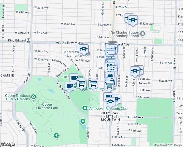 map of restaurants, bars, coffee shops, grocery stores, and more near in Vancouver