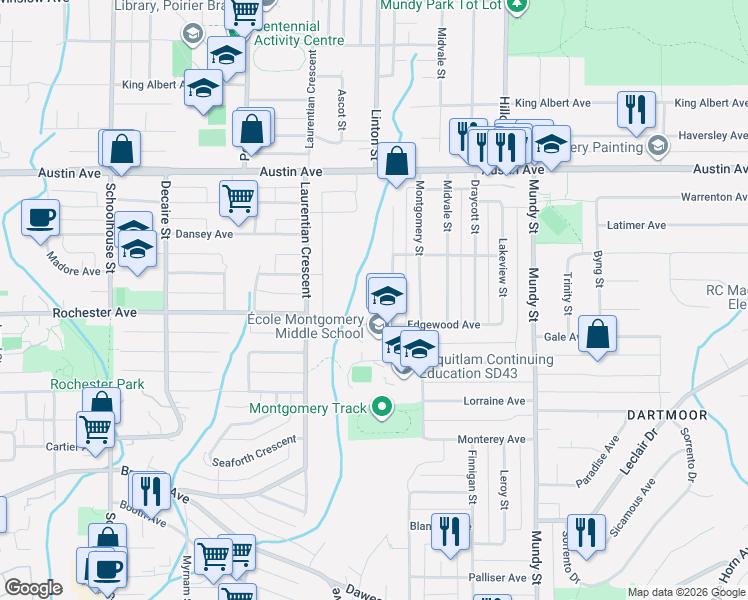map of restaurants, bars, coffee shops, grocery stores, and more near 1906 Rhodena Avenue in Coquitlam