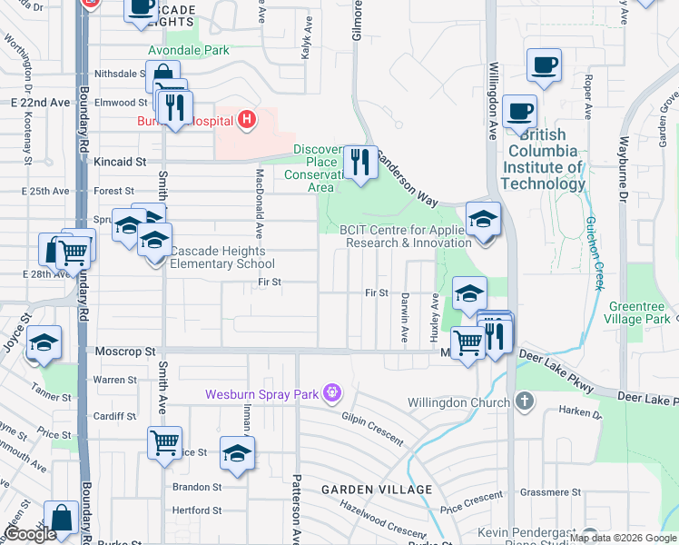 map of restaurants, bars, coffee shops, grocery stores, and more near 4349 Barker Avenue in Burnaby