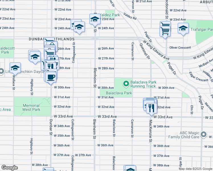map of restaurants, bars, coffee shops, grocery stores, and more near 3247 West 30th Avenue in Vancouver