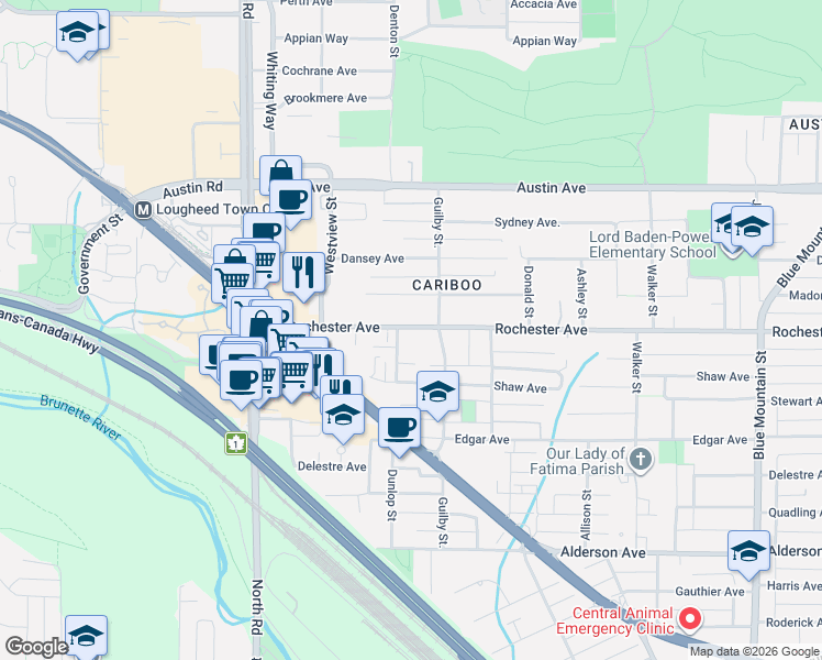 map of restaurants, bars, coffee shops, grocery stores, and more near 600 Rochester Avenue in Coquitlam